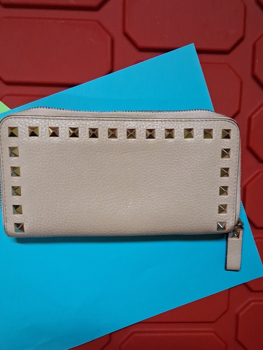Beige Studded Zip-Around Wallet